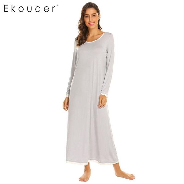 

ekouaer sleepwear long nightdress women solid o neck long sleeve chemise nightgown sleep dress female sleepshirt, Black;red