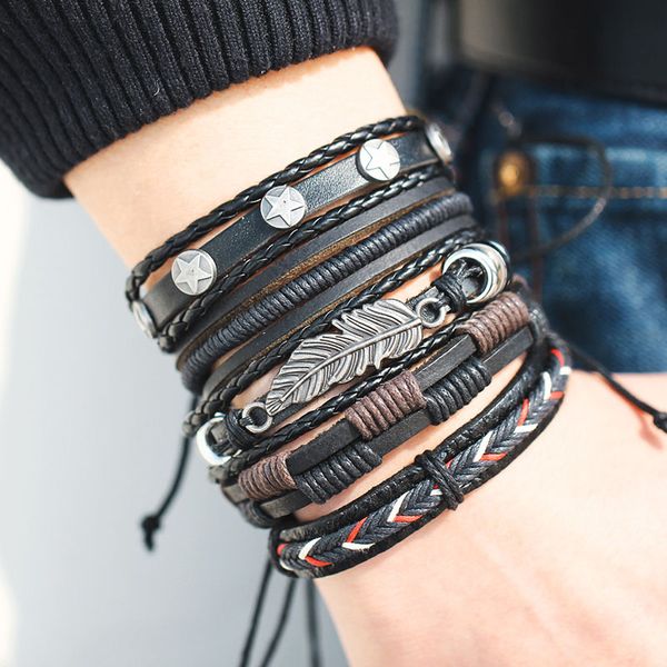 

fashion leaf feather multilayer leather bracelet men vintage braided handmade star rope wrap bracelets & bangles male gift, Golden;silver