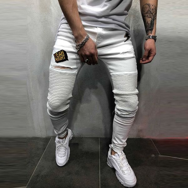 

cotton jeans men spring 2019 men clothes denim pants pleated freyed slim fit casual trousers stretch ripped jeans, Blue