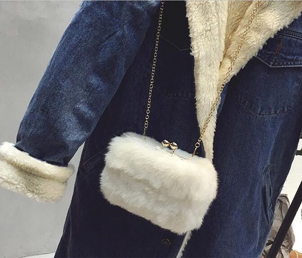

designer- winter evening bags women rabbit fur&metal shoulder chain bags ladies candy color hasp phone clutch bags