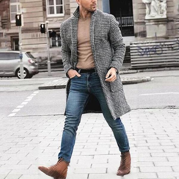 

autumn winter men long jacket fashion business lapel coat long sleeve pocket slim plaid cardigan male coat plus size, White;black