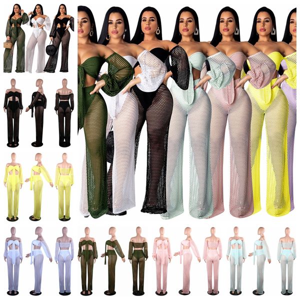 

2019 european spring and summer solid color hollow wrap lantern sleeve wide leg pants two-piece beach pack, support mixed batch, White