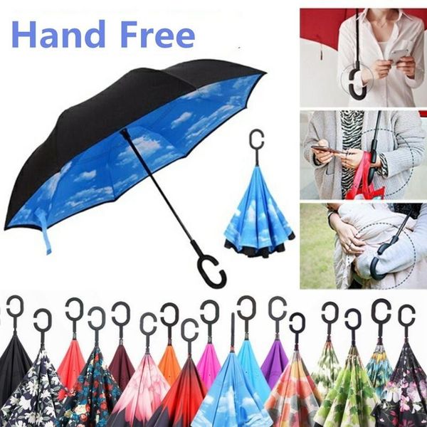 

creative inverted shade umbrellas double layer with c handle inside out reverse windproof colorful rainy sunny beach umbrella