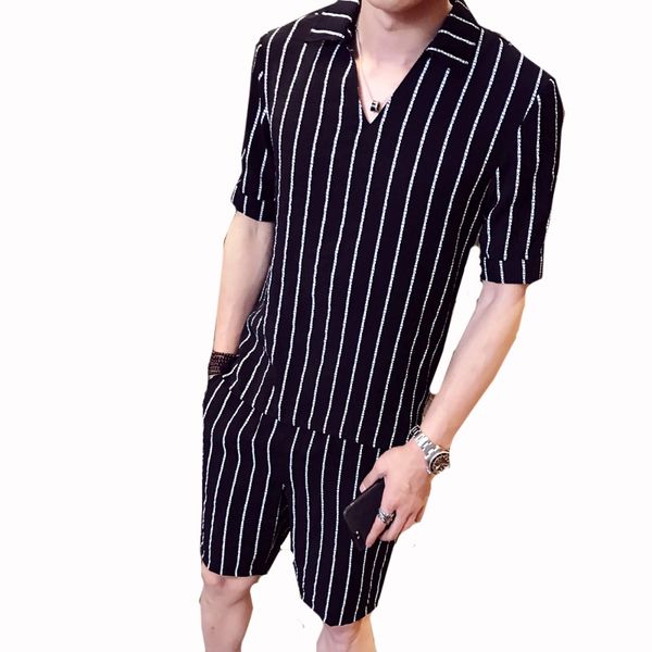 

loldeal 2pce men set irregular stripe shirt men ensemble homme eb survete shirt + shorts causal beach set, Gray