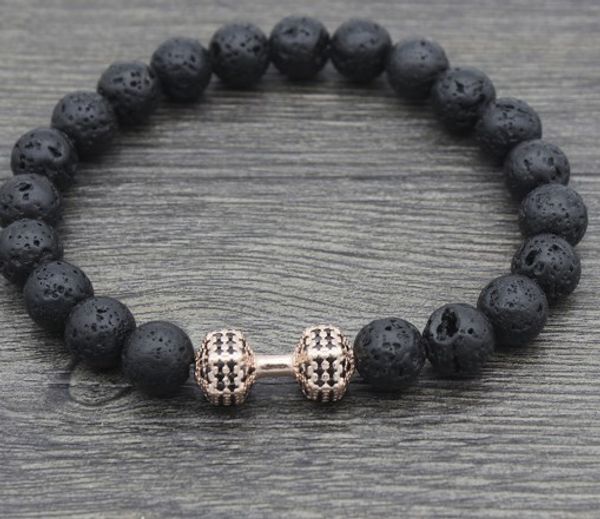 

8mm k4543 dumbbell micro pave cz zircon elastic thread black volcanic lava stone bead essential oils diffuser bracelet bangles