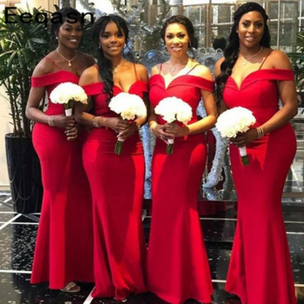 

off the shoulder plus size african bridesmaid dresses red mermaid spaghettii ruched long wedding guest maid of honor gowns, White;pink