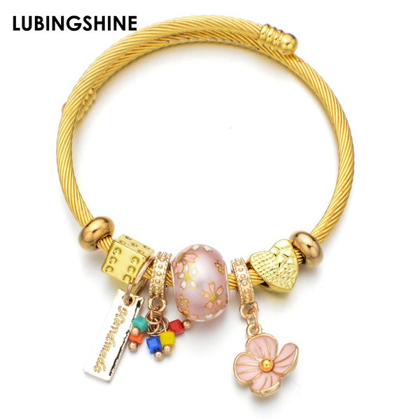 

exquisite ceramic beads pendant stainless steel bracelet&bangle enamel flower gold color adjustable bracelet jewelry for women, Golden;silver