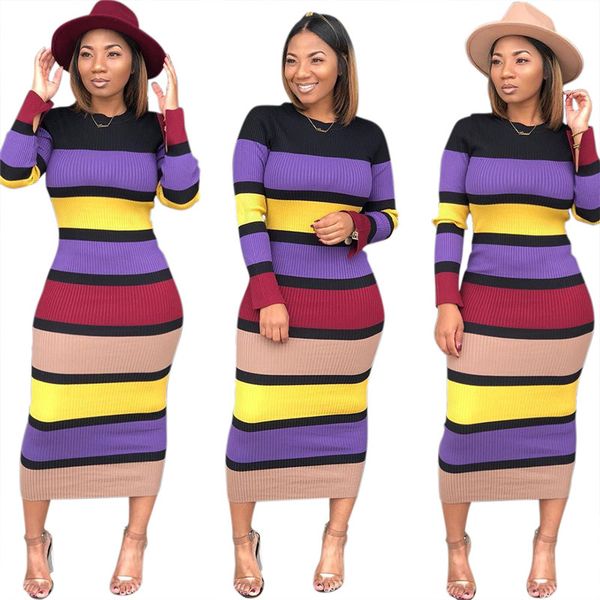 

casual stripe sweater dress women 2018 autumn winter long sleeve slim fit knitted dress elegant bandage vestidos de festa nzk-1656, Black;gray