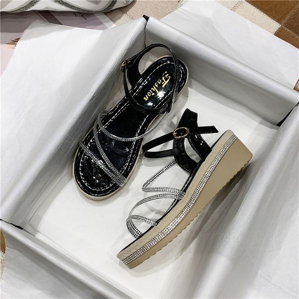 

buckle strap comfort shoes for women female sandal rhinestone sandals all-match 2020 women's with heel muffins shoe clear, Black