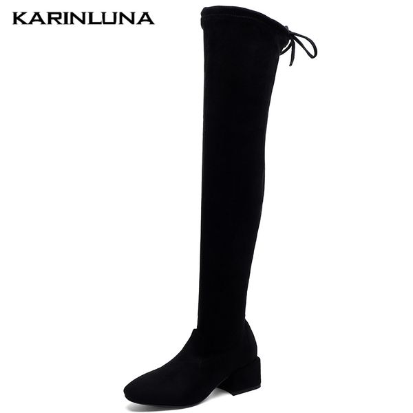 

karin 2020 fashion big size 43 flock stretch boots woman shoes women chunky heels slip on over the knee boots women shoes, Black
