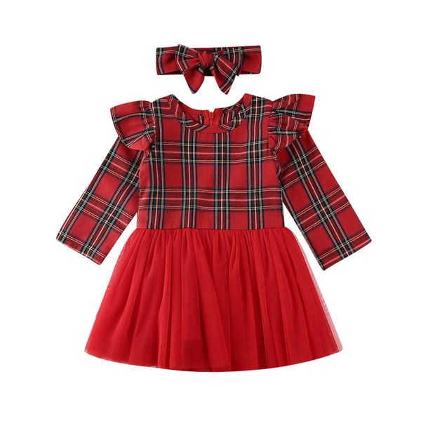 

christmas toddler baby girls plaid clothes princess party round neck long sleeve ruffle tulle dresses bow headband 2pc outfit, White
