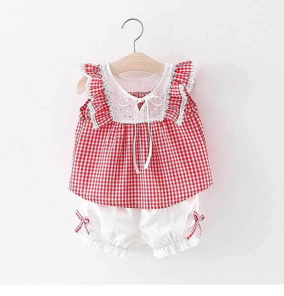 

Baby Girls Clothing Kids Summer Sleeveless Plaid Print design Round collar shirt +short clothing sets summer princess clothing sets