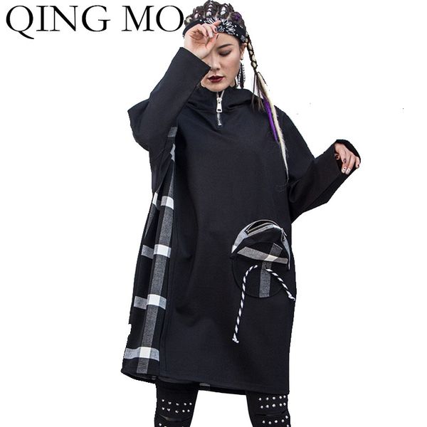 

qing mo black women pullover sweatshirt 2019 women plaid patchwork sweatshirt loose female hooded personality zqy1988