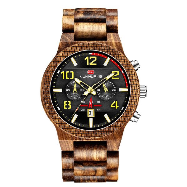 

designer luxury wood mens watch large dial multifunction sports quartz watch calendar for mens wristwatch kun1015, Slivery;brown