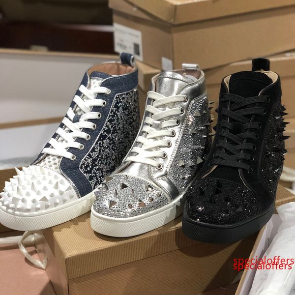 

2019 designer shoe red bottom sneakers high spikes crystal mens trainers 100% genuine leather party wedding shoes big size t18, Black