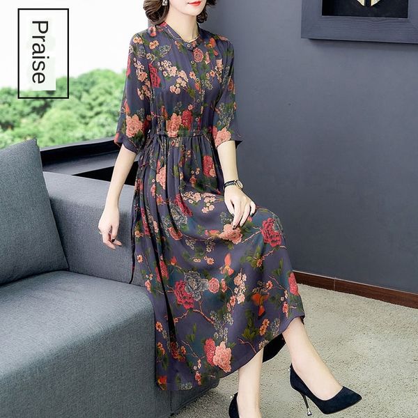 

large size 2020 chinese style women's dress silk large size gauze skirt 2020 veil mulberry silk dress authentic xiangyun yarn skirt, White