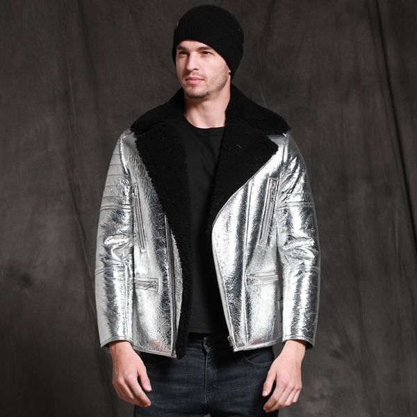 

2019 new mens silver b3 shearling jacket sheepskin coat short leather jacket fashion mens winter coats fur, Black