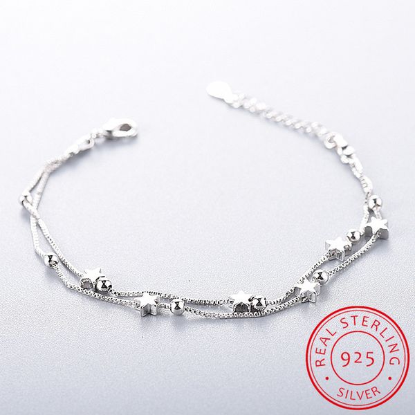 

925 sterling silver bracelets for women double layer star square box round beads bracelets & bangles pulseira de prata s-b115, Golden;silver