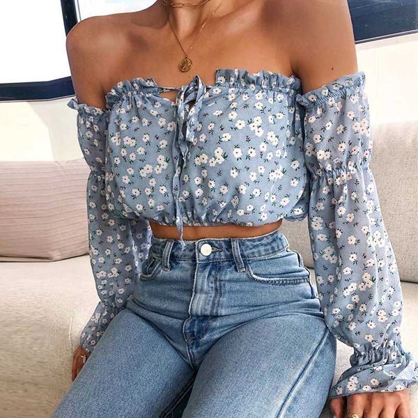 

summer sweet floral chiffon shirt women ruffled puff sleeve print blouses long sleeve one-neck loose 2020 summer new, White