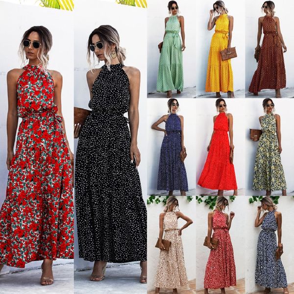 

summer elegant beach long dress women 2020 fashion print flowers polka-dot strap ladies halter boho dress women vestidos, Black;gray
