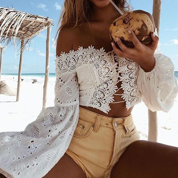 

hollow out lacing up bandaged long sleeve square neck shirt slim princess short blouse crop cotton exposed navel, White