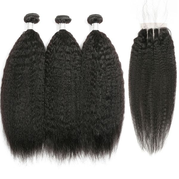 

европейский связки человеческих волос с закрытие 4x4 закрытие пачками kinky прямые волосы 3 пачки с закрытием remy выдвижения волос beyo, Black;brown