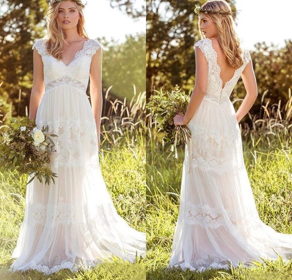 

modest women bohemian wedding dresses lace bridal gown backless vestido de noivas v neck cap sleeve wedding dress vestito da sposa plus size, White