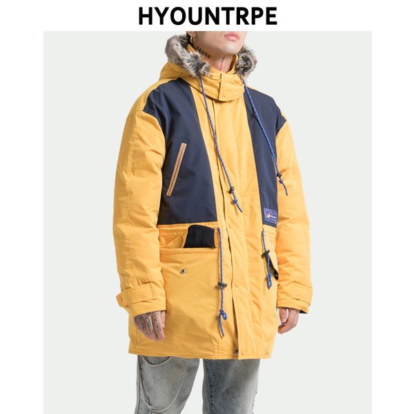 

winter jacket coat mens zipper cotton padded detachable hooded windproof outerwear cargo trendy streetwear warm jackets parkas, Black
