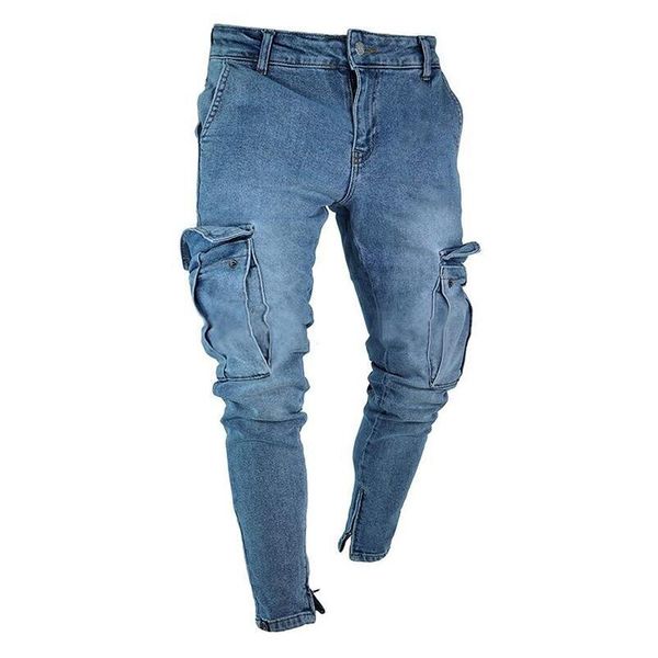 

mytl-men fashion hip casual thigh pockets stretch skinny jeans slim fit denim zipper feet pants trousers, Blue