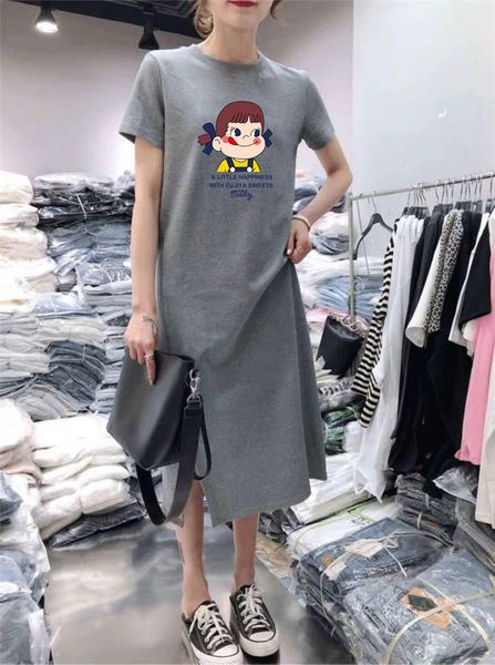 

designer women dress short-sleeved dress female summer new casual loose long section over the knee fat sister t-shirt skirt, Black;gray