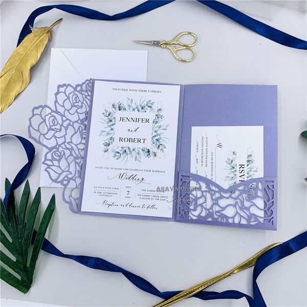 Elegant Lavender Tri Fold Laser Cut Wedding Invite Lilac Laser