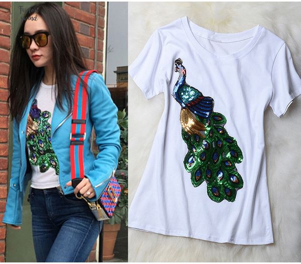 

nieuwe mode t shirt vrouwen elegante pauw o hals vro borduren t shirt casual plus size s 4xl verzending, White