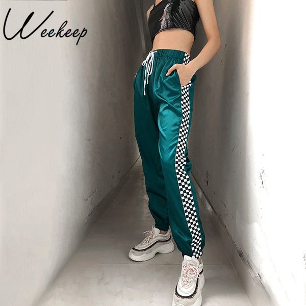 

weekeep drawstring high waist checkboard patchwork pants women fashion streetwear plaid sweatpants ankle-length pencil pants, Black;white