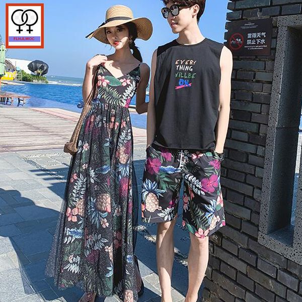 

2019 summer couple clothes lovers matching boyfriend girlfriends honeymoon date floral print backless bohemian maxi long dress, Black;gray