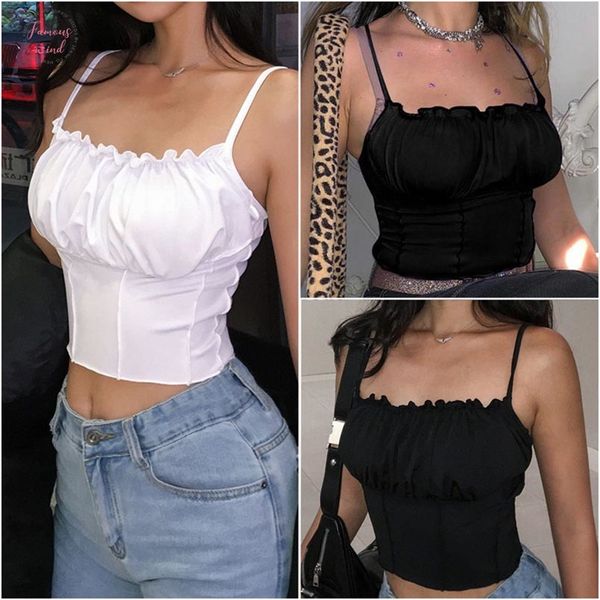 

woman clothes women vintage sleeveless strappy ruffle crop solid tank vest camisole drop shipping, White