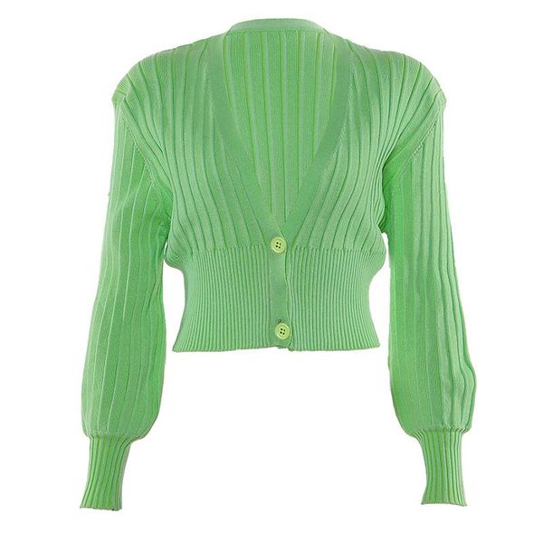 

female autumn and winter deep v-neck lantern sleeve cardigan short solid color casual sweater, White
