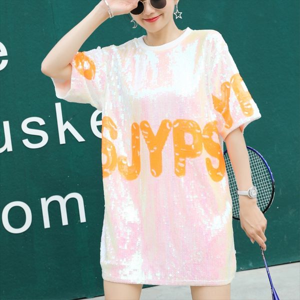 

fashion brand large size loose letter t-shirt medium and long t-shirt pullover round collar pullover sequins women's clothing, White
