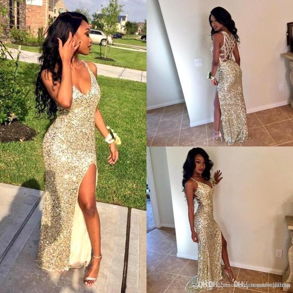 

sparkly gold pink mermaid prom dresses 2019 long sequined v neck side split sweep train party gowns dresses evening wear formal dress custom, Black