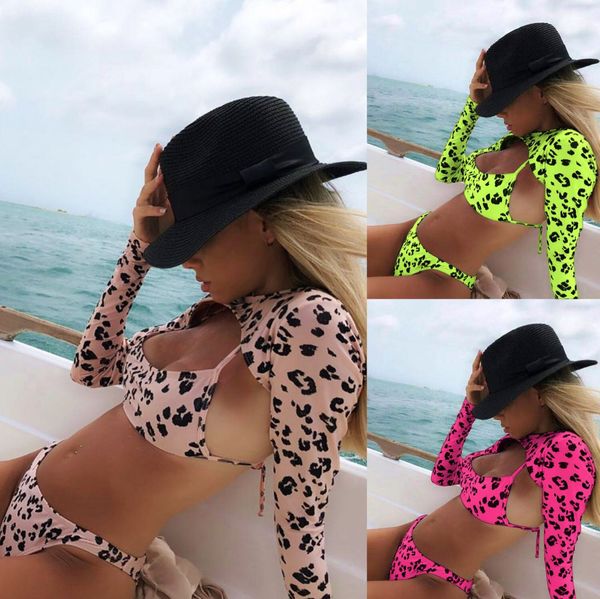 

leopard pattern bikinis backless three-piece swimwear suit new long sleeve pink neon green bikini swimsuit female, White;black
