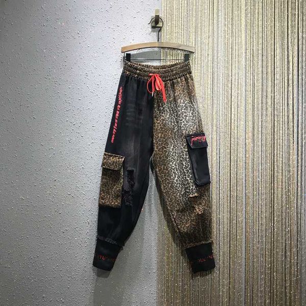

осень зима новый leopard контраст лоскутная большой карманы упругие ножки bandle гарем демин женские брюки моды streetwear 2020, Blue