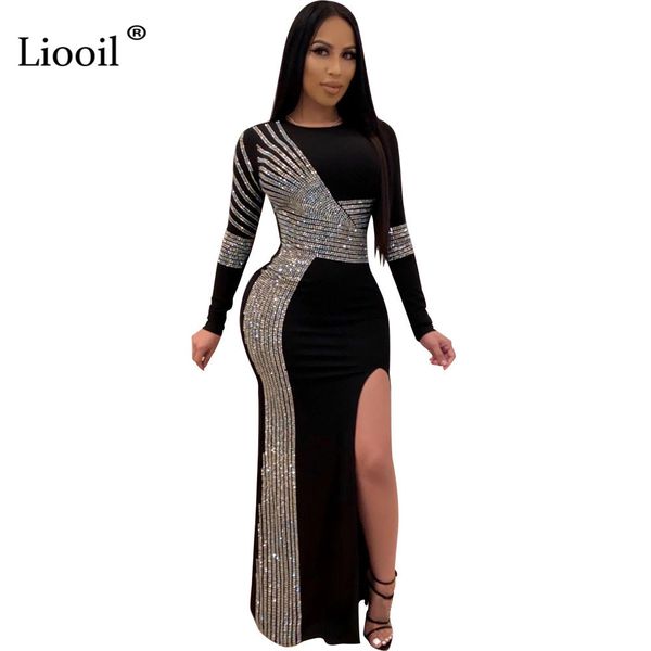 

liooil black rhinestone slit bodycon long maxi dress women 2020 long sleeve o neck night club evening party tight dresses, Black;gray
