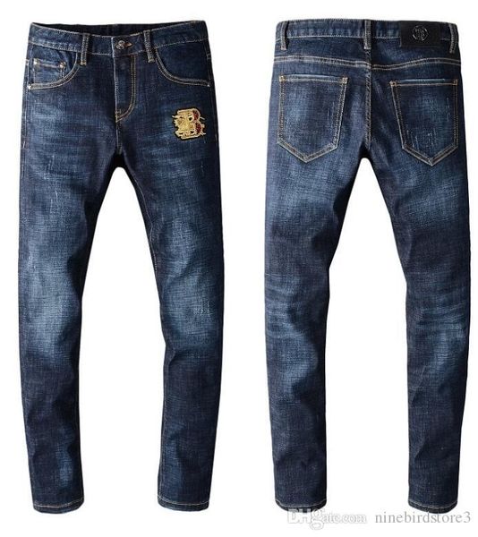 

ins personality color blue jeans young man animal printed letters joining together cultivate one's morality joker feet pants