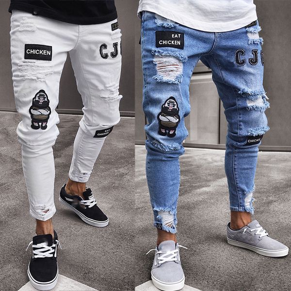 

2019 new fashion men skinny jeans fashion biker steetwear distressed ripped denim pencil style slim mens clothes dropshipping, Blue