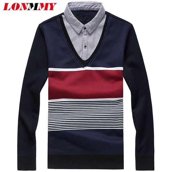 

lonmmy 3xl свитер мужской sueter hombre пуловер мужские свитеры мужчина для 2018 поддельный двухсекционный плюс бархат толстый свитер красны, White;black