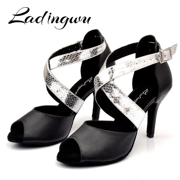 

ladingwu women genuine leather dance shoes black latin dance shoes salsa women ballroom profession heel 6-10cm