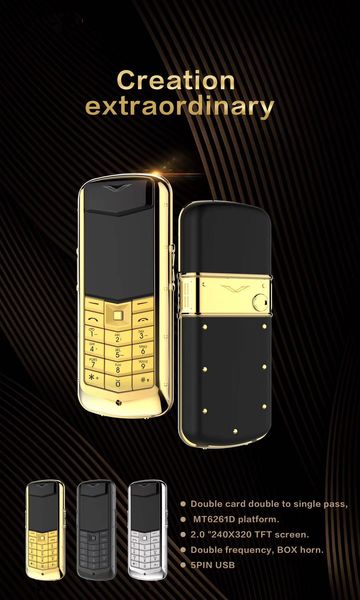 Telefono cellulare costellazione di lusso in acciaio inossidabile oro Corpo in metallo Scheda doppia SIM Nessuna fotocamera MP3 Quad Band Telefono cellulare con firma in pelle celular