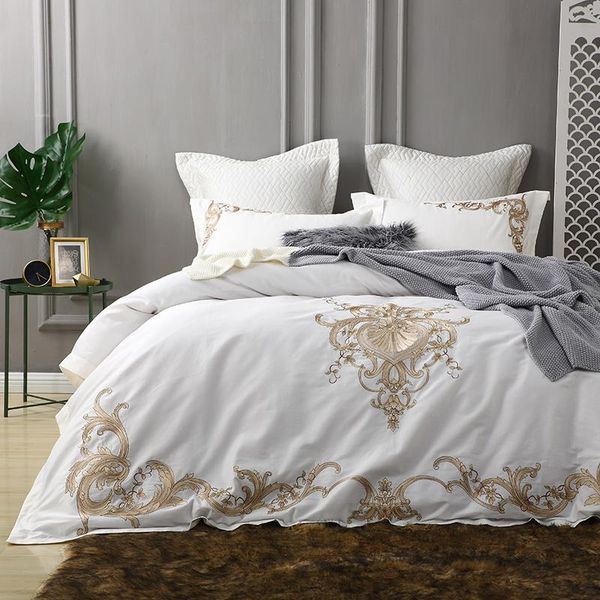 

golden embroidery egyptian cotton white luxury bedding set king  bed cover set bedsheets duvet quilt cover pillowcase