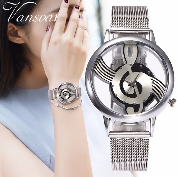

men women hollow music note notation watch fashion silver stainless steel quartz watches dropshipping clock, Slivery;brown