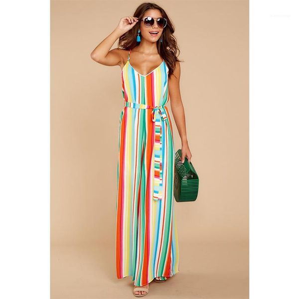 

bandwidth loose wide leg piece trousers fashion beach apparel womens summer color stripe jumpsuits hanging, Black;white