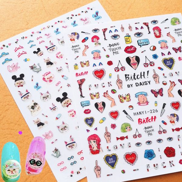 

hanyi-224 226 3d nail sticker japan harajuku style nail decals back glue decoration tools for wraps, Black